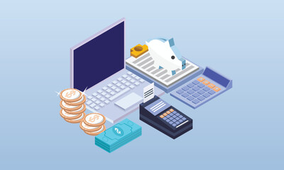 Manage money Customizable Isometric.on blue background.3D design.isometric vector design Illustration.