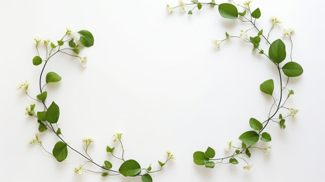 A realistic image of a wreath made of green leaves and white flowers The wreath is composed of heart-shaped leaves and small white flowers The wreath has an oval shape and a white background