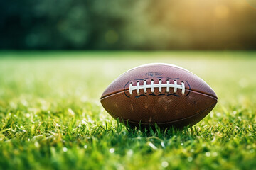 American football ball on green grass, closeup