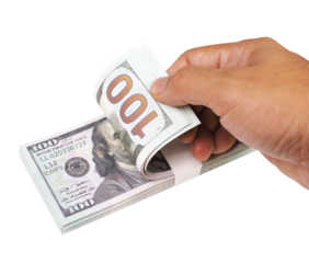 Hand holding a pile of 100 dollar replica banknote. Financial currency concept, png file