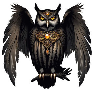 A large owl with large  Feathers in shades of black wears a small crescent-shaped pendant
