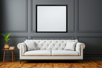 Living room, lounge with white leather couch, plant and large blank photo frame. Empty white poster with copy space. Gray walls and wooden floor. Front view. Interior, mockup art concept. 