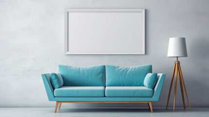 Living, waiting room with turquoise plush couch, lamp and large blank photo frame. Empty white poster with copy space. Light walls and floor. Front view background. Interior, mockup art concept. 