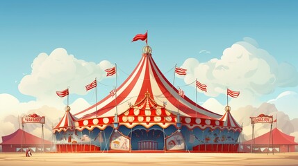 A colorful and whimsical circus tent standing tall at the big top circus