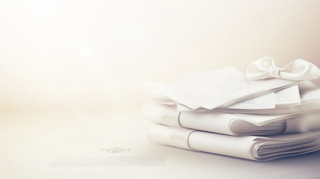 A stack of white papers with a white ribbon on a beige background. The papers are folded neatly and have a white ribbon tied around them. The background is a gradient of white and light beige