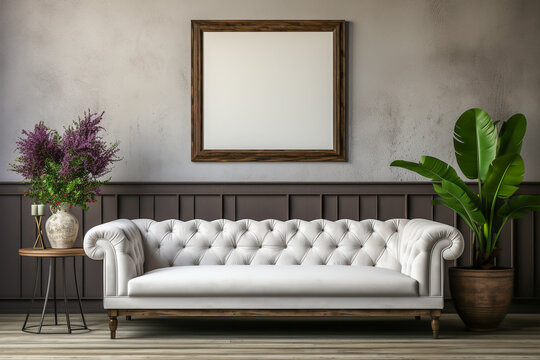 Living room, lounge with white leather couch, plants and large blank photo frame. Empty white poster with copy space. Gray walls brown dado and wooden floor. Front view. Interior, mockup art concept. 