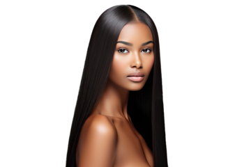 Studio portrait of a beautiful African American woman with clean healthy skin isolated on transparent png background.