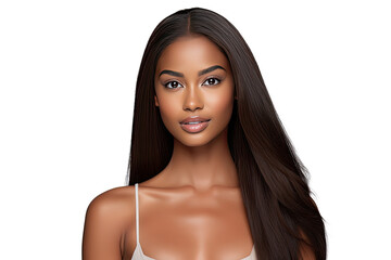 Studio portrait of a beautiful African American woman with clean healthy skin isolated on transparent png background.