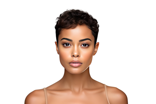 Studio portrait of a beautiful African American woman with clean healthy skin isolated on transparent png background.