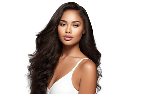 Studio portrait of a beautiful African American woman with clean healthy skin isolated on transparent png background.