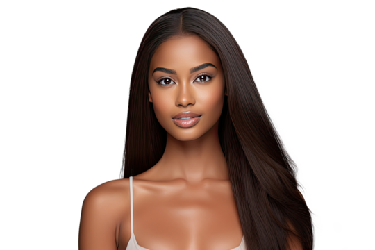 Studio portrait of a beautiful African American woman with clean healthy skin isolated on transparent png background.