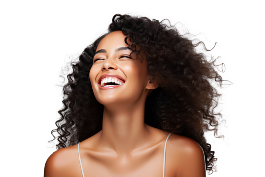 Studio portrait of a beautiful African American woman with clean healthy skin isolated on transparent png background.