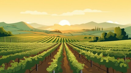 An idyllic vineyard landscape featuring neatly arranged vineyard rows set under a serene sky, creating a tranquil scene of natural beauty - obrazy, fototapety, plakaty