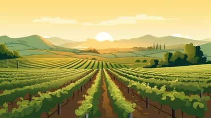 Fotobehang An idyllic vineyard landscape featuring neatly arranged vineyard rows set under a serene sky, creating a tranquil scene of natural beauty © Mohsin