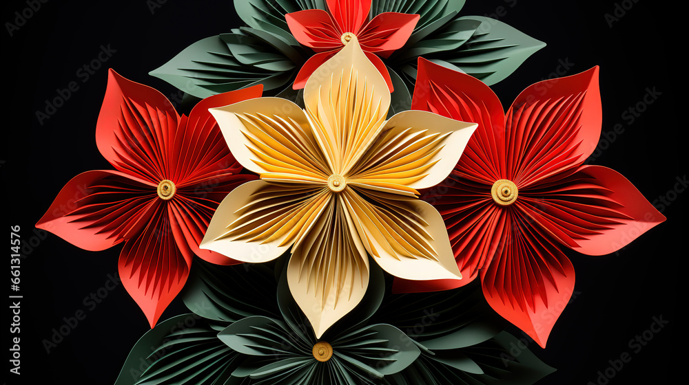 Wall mural Red, yellow and green color origami flowers on the black background. generative ai