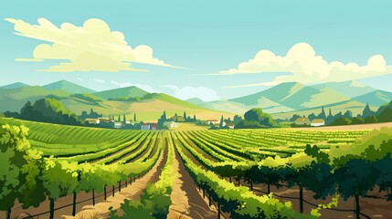 An idyllic vineyard landscape featuring neatly arranged vineyard rows set under a serene sky, creating a tranquil scene of natural beauty