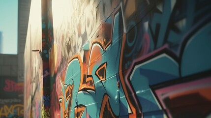 A vibrant display of urban street art on a graffiti-covered wall, showcasing an explosion of creativity and colors in a dynamic city setting