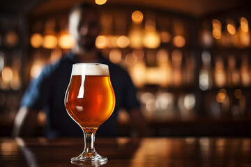close up of a glas of beer with blurred Bartender and bar in the back with empty copy space