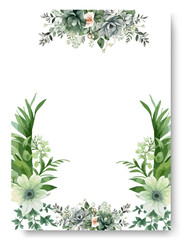 Rustic invitation card background with white jasmine flower and botanical leaves, Organic shapes, Watercolor.