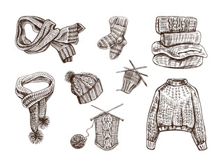 Vintage set of hand drawn knitted sweater, socks, scarf, hat, knitting process icons. Vector illustrations in sketch style. Handmade, sewing equipment concept in vintage doodle style. Engraving style. - obrazy, fototapety, plakaty