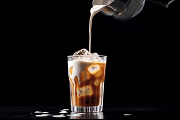 Cold coffee latte with whipped cream on a black background.