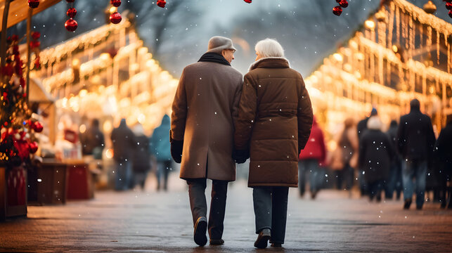 Happy Elderly Couple Man And Woman Walking Against The Backdrop Of Christmas Fair Lights Holding Hands On The Street And Wearing Coats