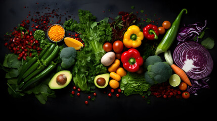 Various salad vegetables on black background, Nutrition and vitamin concept