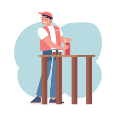 Man Volunteer Character Giving Hot Coffee as Humanitarian Aid and Help to Poor Vector Illustration