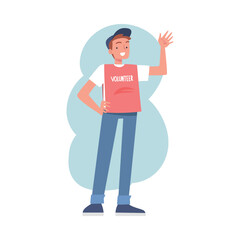 Man Volunteer Character Standing and Waving Hand Greeting Vector Illustration