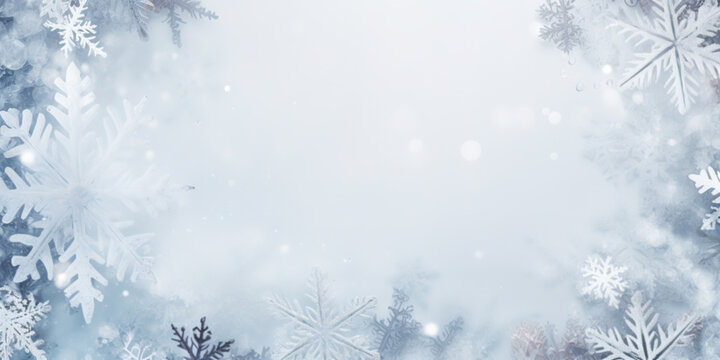 Frame made of snow with snowflakes and ice crystals on blue background, top view with space for text