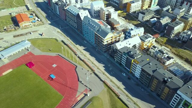 Aerial view of Swedish apartment buildings in Linkoping residential area. Family condos housing development in Sweden city