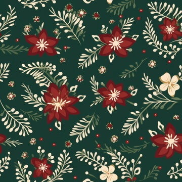 Christmas seamless pattern in burgundy and forest green