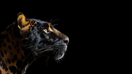Obraz premium head profile closeup of spotted black golden panther isolated on black background