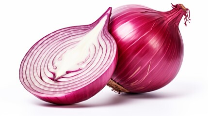 A red onion is shown split up close to show the various layers.