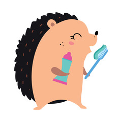 Prickly Hedgehog Character Brushing Teeth with Toothbrush as Hygiene Vector Illustration