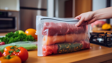 Reusable bags for storing food and other things. - obrazy, fototapety, plakaty