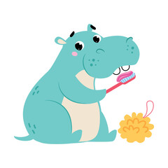 Blue Hippo Character Brushing Teeth with Toothbrush as Hygiene Vector Illustration