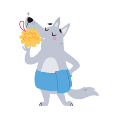 Cute Wolf Washing Body with Sponge Vector Illustration