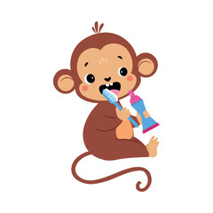 Monkey Character Brushing Teeth with Toothbrush as Hygiene Vector Illustration