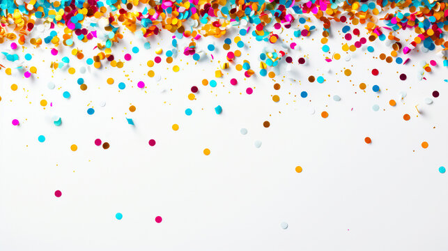 coloured confetti and streamers as a white New Year's background. AI generativ.