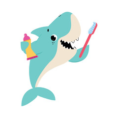 Blue Shark Character Brushing Teeth with Toothbrush as Hygiene Vector Illustration