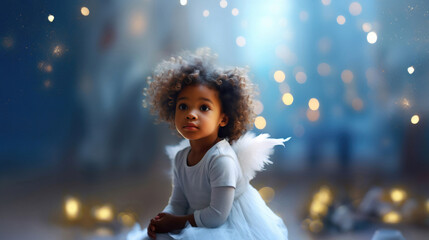 Girl angel with big white wings in white clothes on blue glowing background