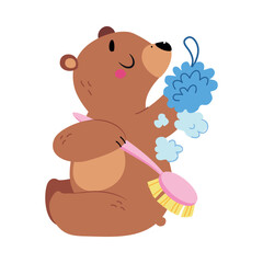 Cute Bear Washing Body with Sponge and Foam Vector Illustration