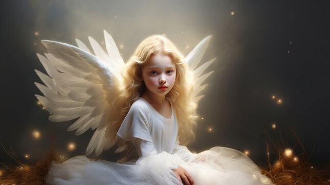 Girl angel with big white wings in white clothes