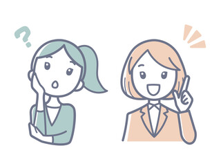 疑問に思う女性と答えるスーツを着た女性