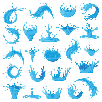 Blue Water Splashes as Aqua Motion with Drops Vector Set
