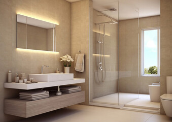 Fototapeta na wymiar Shower and sink in light beige colors with modern design.Macro.AI Generative