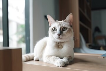 Cute cat. Playful gaze from window companion. Adorable kitty closeup. Portrait of young domestic cats. Fluffy feline beauty. Capturing grace