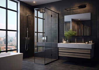Modern design bathroom with shower and large window in black stone material.Macro.AI Generative