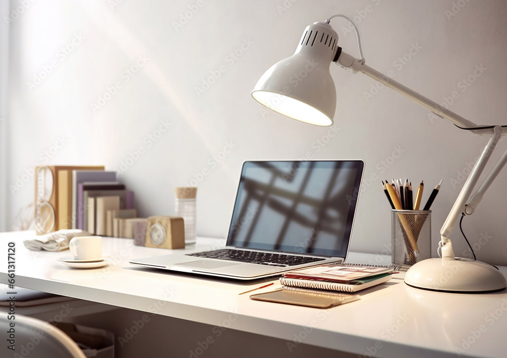 Wall mural modern home workspace desk setup with laptop,lamp and books.macro.ai generative